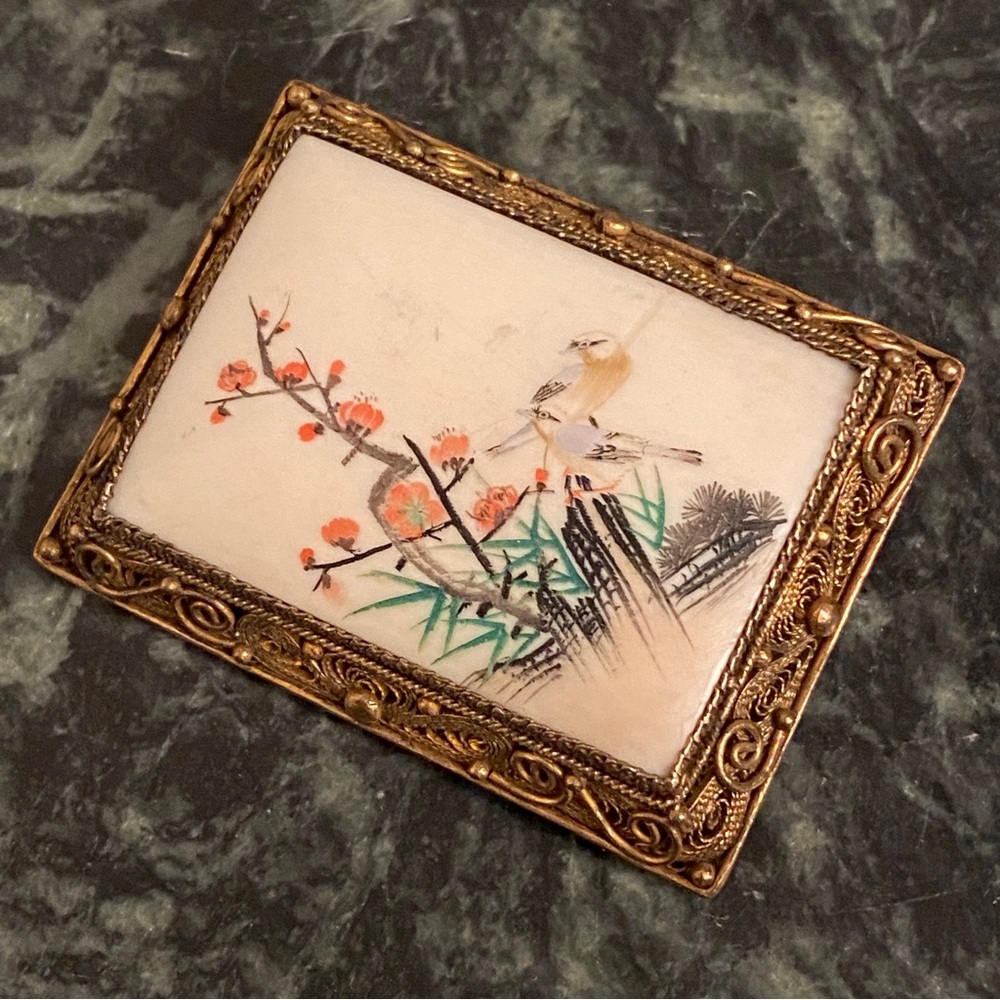 🪴 Vintage filigree antique chinese asian brooch silver jewelry scrimshaw